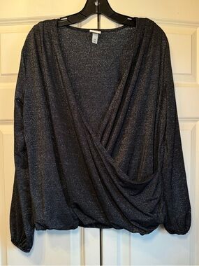 a new day Metallic Black Draped Surplice Bubble Hem Long Sleeve Top